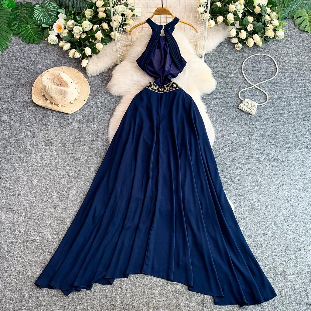Sexy Backless Halter Neck Dress with Padded Cups for Women Vintage Bohemian Embellished Asymmetrical Elegant Chiffon Midi Dress