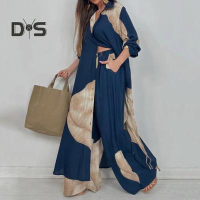 Completo da donna con scollo a V, top stampato patchwork e pantaloni, colore contrastante, completo da viaggio, pantaloni a gamba larga e top extra lungo, vestibilità comoda per vari utilizzi