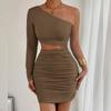 Fashion Single Shoulder Sleeve Hollow Out Dress Spicy Girl Slant Shoulder Hip Wrapping Sexy Party Short Dress Pleated Solid Colar Elegant Clothing
