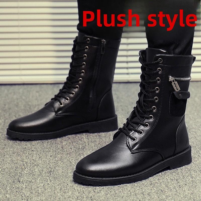 

Модная мужская обувь с высоким голенищем Модные мотоботы Металлическая боковая молния Кожаные ботинки Плюшевые теплые зимние ботинки для мужчин Повседневные деловые боты 44