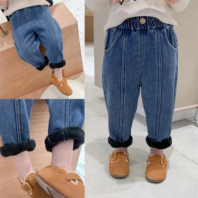 Jeans invernali larghi imbottiti per bambini piccoli, a vita media, in cotone, pantaloni caldi