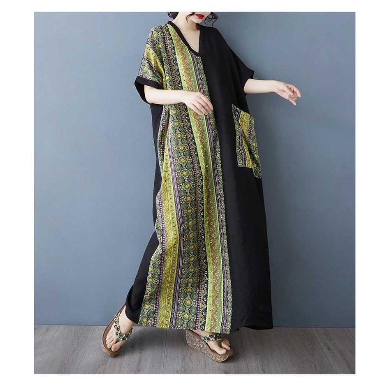 Women's Striped Patchwork Black Long Dress Retro Robe