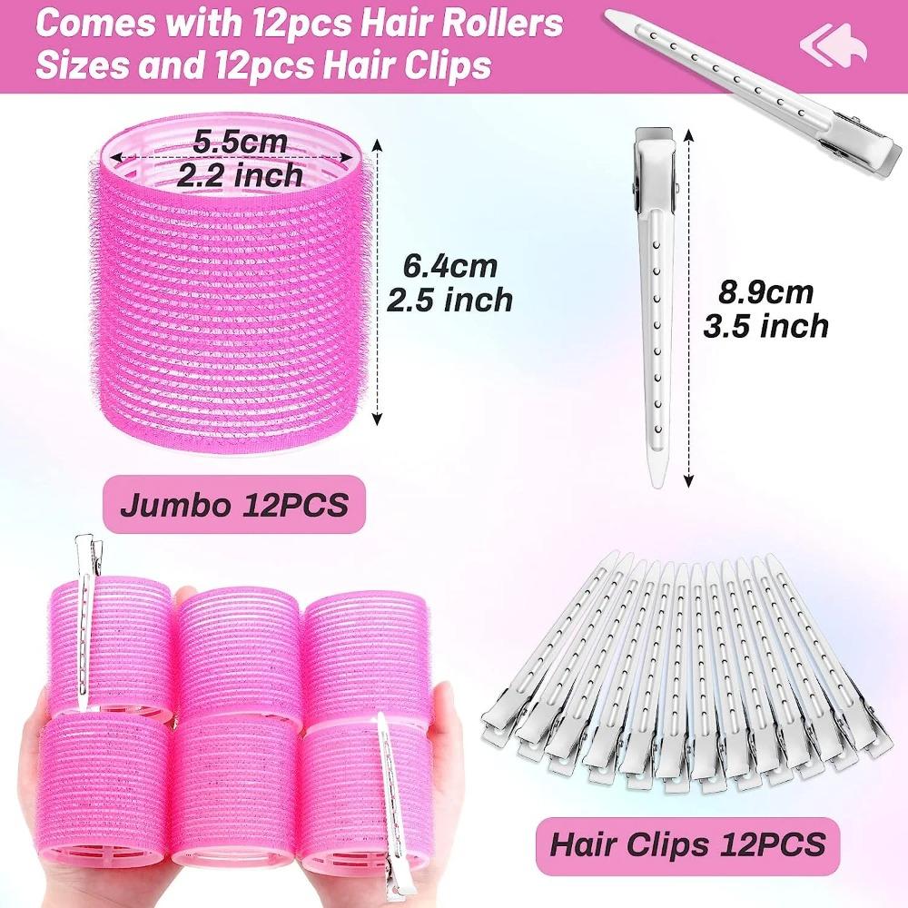 Giant curling wand roller set, 24 pieces, including 12 self-grip curling wands and 12 stainless steel duckbill clips (rose red)