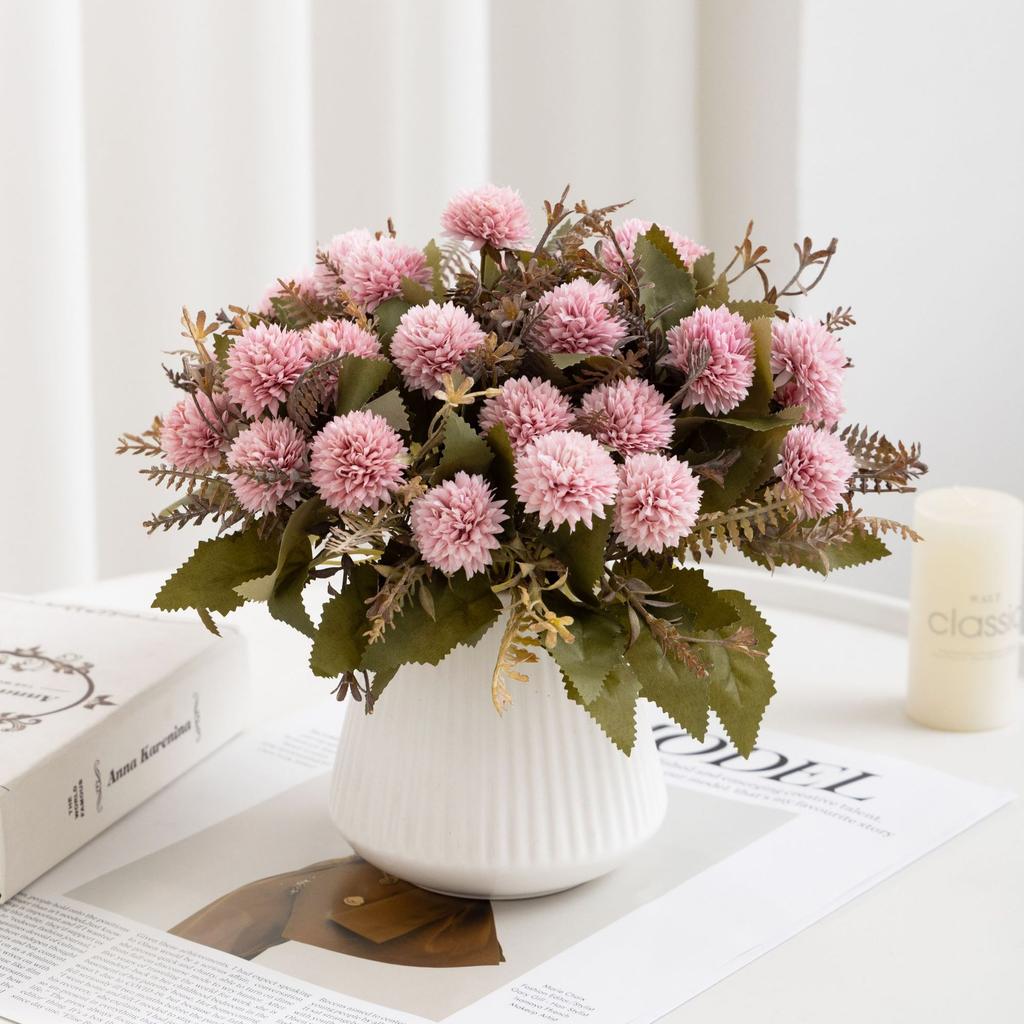 1PC Vintage-style artificial ball chrysanthemum bouquet; table centerpiece; faux flowers for living room; home decor; party decoration.