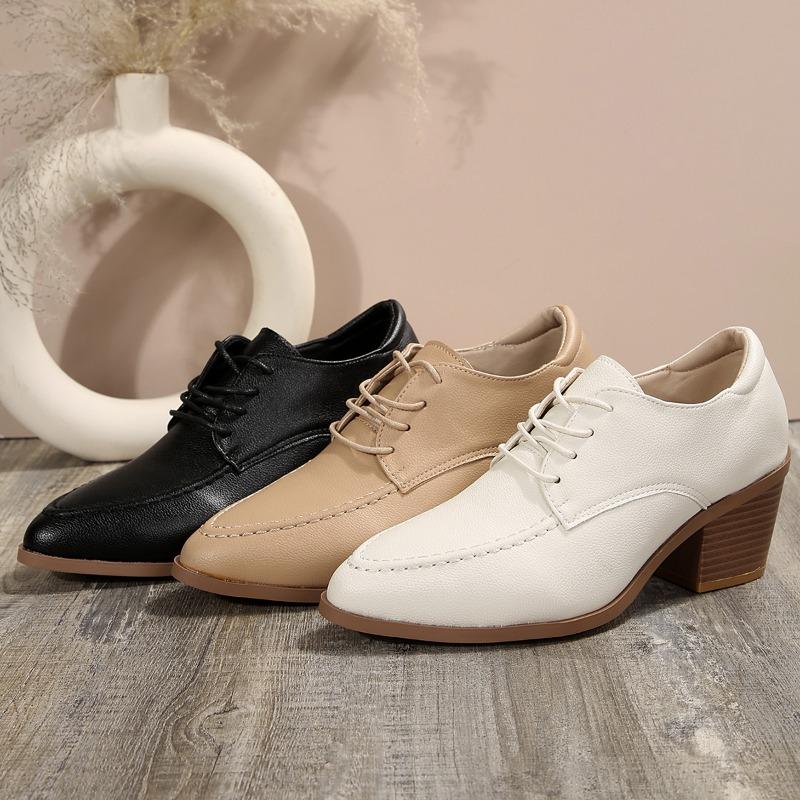 Fashion Retro Black Office Women's Shoes 2025 Spring and Autumn Women's Thick Heel Shoes White Retro Pointed Toe Lace-up High Heels