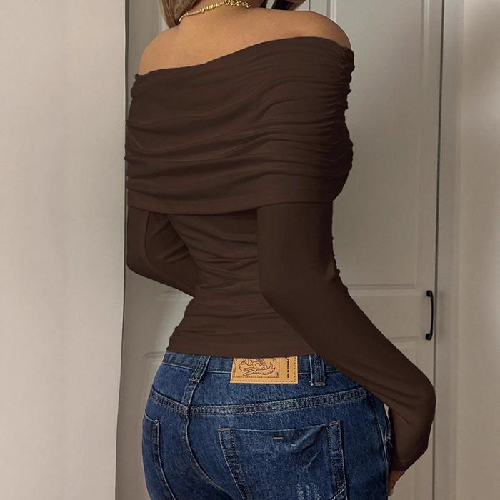 Ladies Spring Autumn Long Sleeve Boat Neck Solid Color Slim Fit Bodycon Pullover Casual T Shirt Top