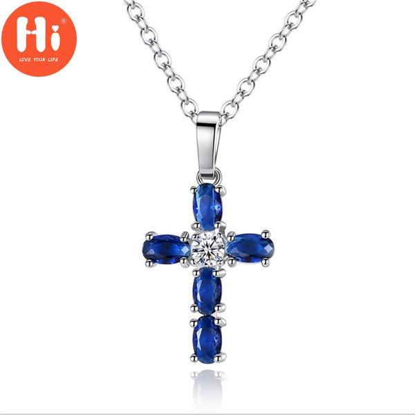 Hi Blue Oval Zircon Cross Pendant Necklace for Women Silver Color Chain Charm Necklace
