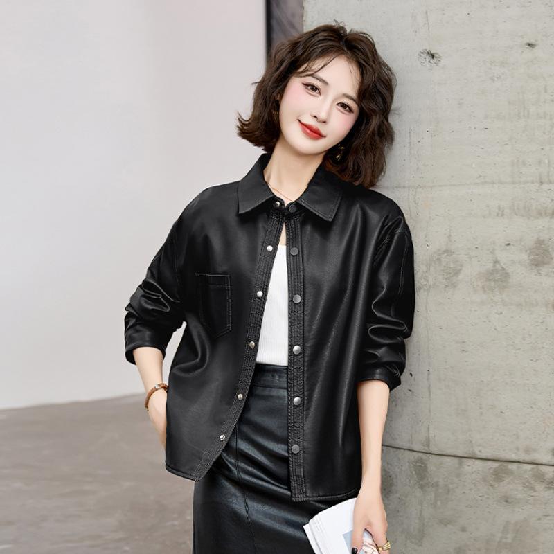 Spring and Autumn New Leather Jacket Women's Fashion Casual Loose and Thin Single-breasted Leather Jacket Trendy