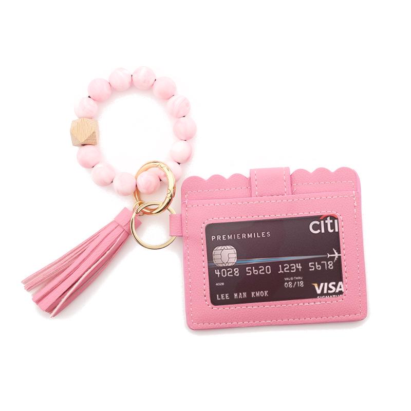 Leopard Print Silicone Bead Bracelet Wallet with PU Leather Tassel Keychain