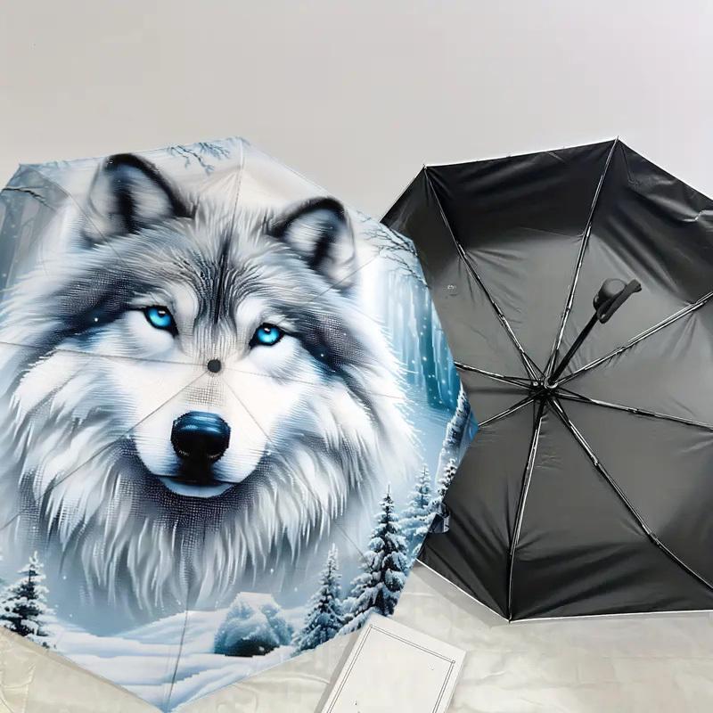 1PC Wolf Snowy Forest Umbrella-8-Rib Reinforced Portable Folding Travel Suitable for All Seasons Outdoor Daily Use  -J0323