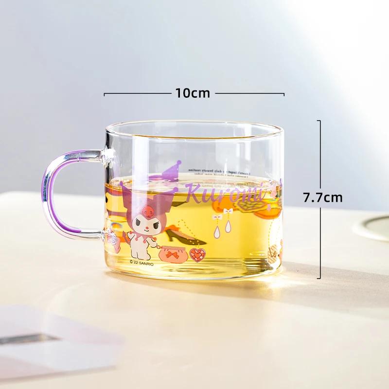 For Sanrio Pochacco Kuromi Glass Cup Cartoon Transparent Water Cup Home Breakfast Oatmeal Mug with Colored Handle Gifts for Kids