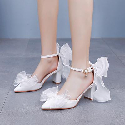 Women 7cm Thick-heeled Pointed Sandals with White Wedding Ceremony Bridal High-heeled Plus-size Shoes Girl