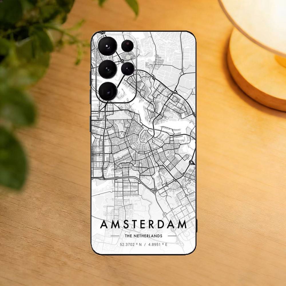 Famous City Sketch City Map Phone Case For Samsung S25,S24,S21,S22,S23,S30,Ultra,S20,Plus,Fe,Lite Black Shell
