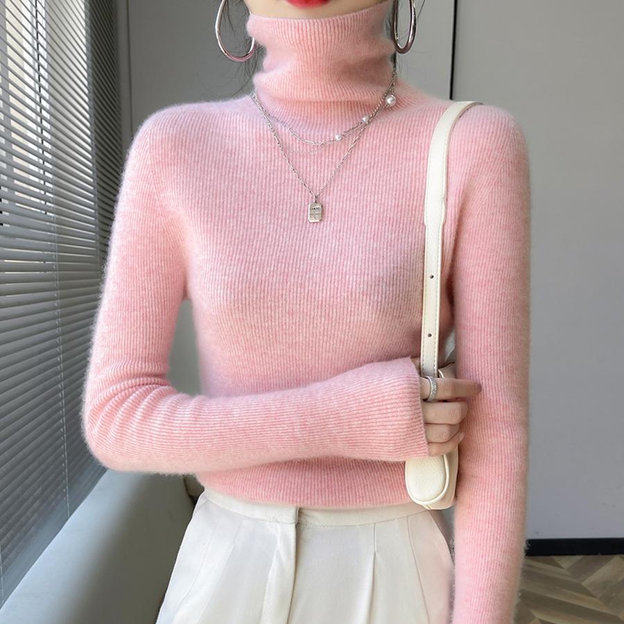 High Neck Cashmere Wool Sweater Women's Solid Color Drawstring Base Layer Slim Fit Thin Knit Pullover Autumn Winter Inner Wear