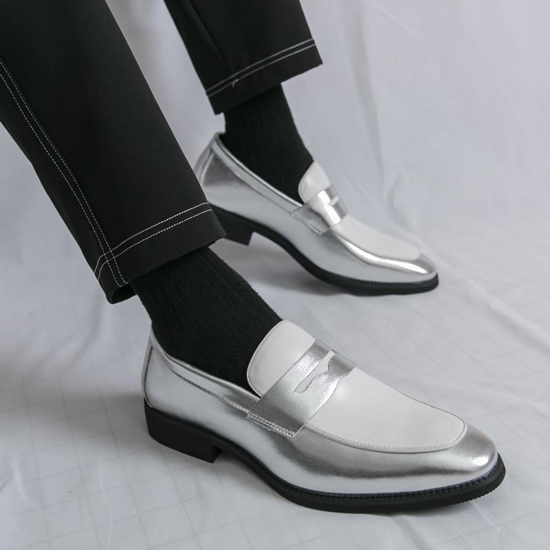 

Мужские лоферы с мозаичным контрастом, кожаные, индивидуальные, формальные, деловые туфли, золото, серебро, свадебное платье, обувь для выпускного вечера, больших размеров EU:46 серебряный