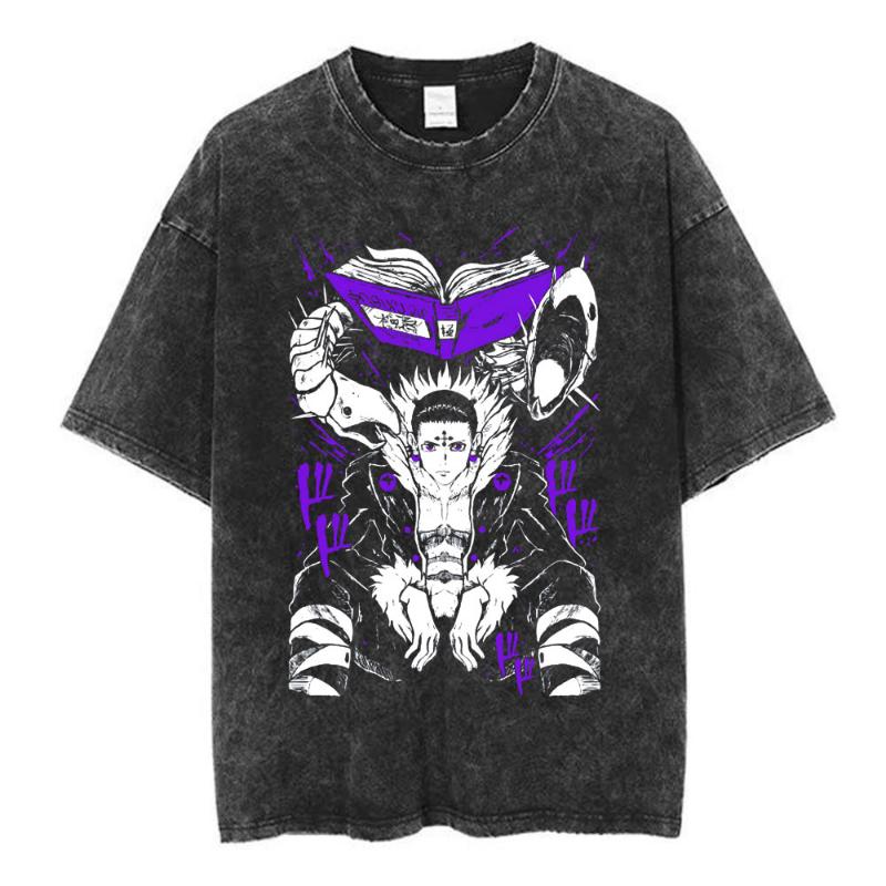 Anime Hunter X Hunter Logo Vintage Washed T Shirt Killua Gon Cherry Blossom Graphic T-shirt Men Fashion Casual Oversized Tshirt