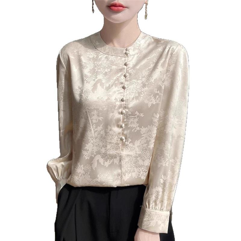 Cămașă din Mătase Jacquard Satin Chinezesc Pentru Femei Primăvară Vară Nouă Top Bluză Elegantă și Confortabilă cu Mânecă Lungă și Gât Rotund