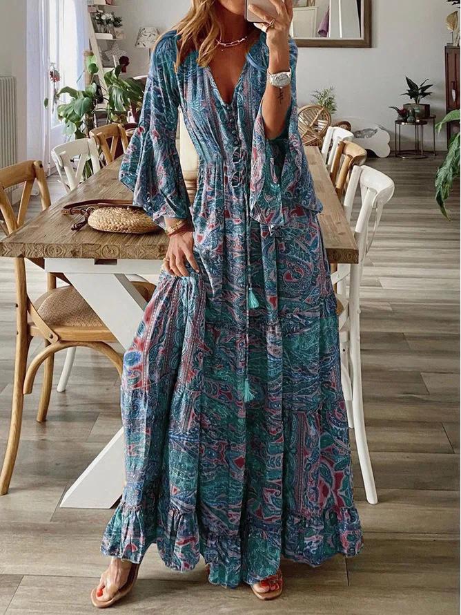 2023 Bohemian Style V-Neck Bell Sleeve High Waist Floral Vacation Dress for Women