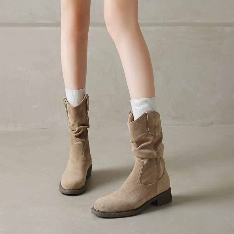 New Khaki Medium Tube Martin Boots Women's Spring and Autumn Stacking Boots Pleated Single Boots Women's Medium Tube Western Cowboy Boots