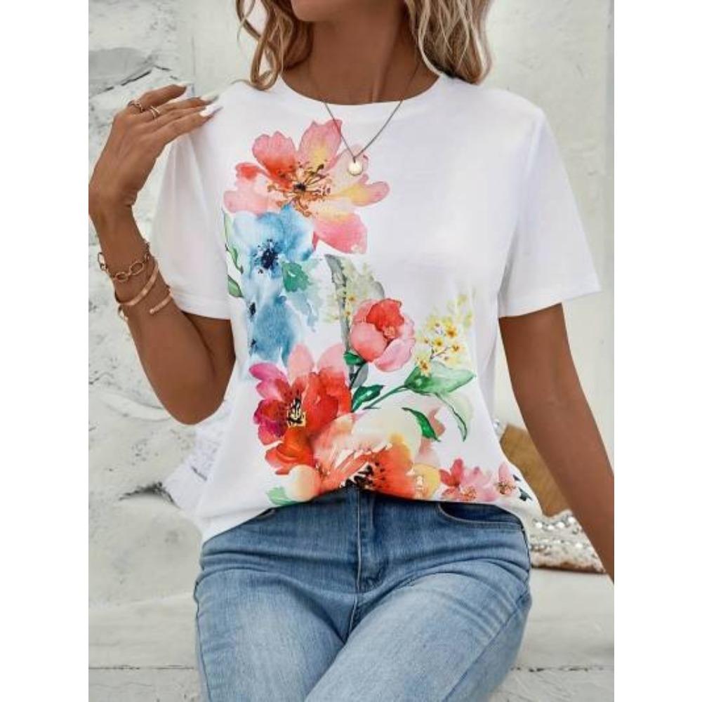 Tricou de Damă 2025 Street Fashion Floare Imprimat 3D Mânecă Scurtă Zilnic Versatil Casual Larg Gât Rotund Top Îmbrăcăminte de Damă