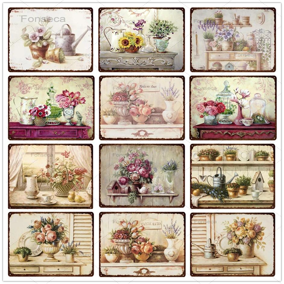 Vintage Flowers Metal Sign Garden Floral Retro Tin Plaques Home Decoration Wall Art Iron Painting 20X30Cm