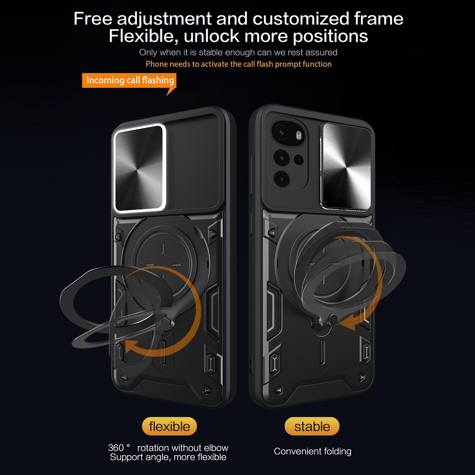 

For Motorola Moto G22/E32 4G PC+TPU Cover with Slide Camera Lid Ring Kickstand Phone Back Protector Case Silver