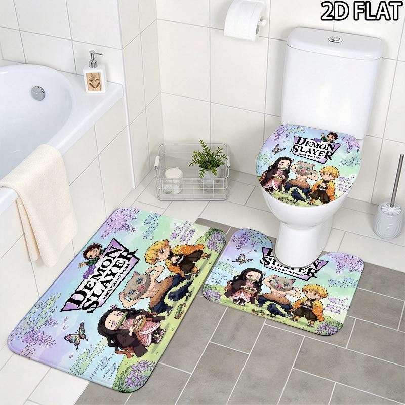 Demon Slayer Art 3Pcs Flannel Toilet Mat Set Bathroom Rug Bath Carpet Non Slip Home Decor Toilet 3 Pcs Bathroom Textile Set