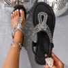 Fashion Blue Rhinestones Flat Sandals for Women Summer 2025 Bohemian Style Comfort Beach Shoes Woman Lightweight Clip Toe Roman Sandals