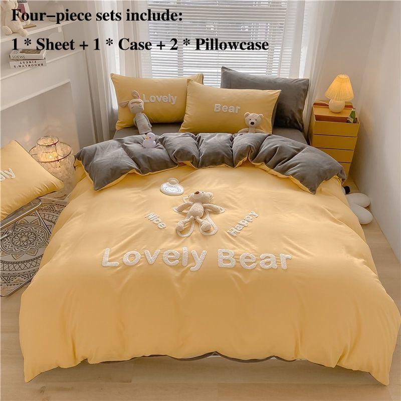 Milk Velvet Bed Four-piece Bed Single Suitbed Bedding Small Bear Model Princess Style Home Bedding