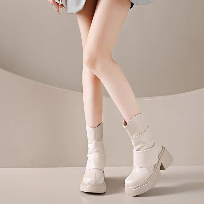 Leather Platform Women's Half High Boots Autumn Winter Round Toe Ladies Mid Calf Shoes New In Gothic Work Gyaru Trend 2025 Boot