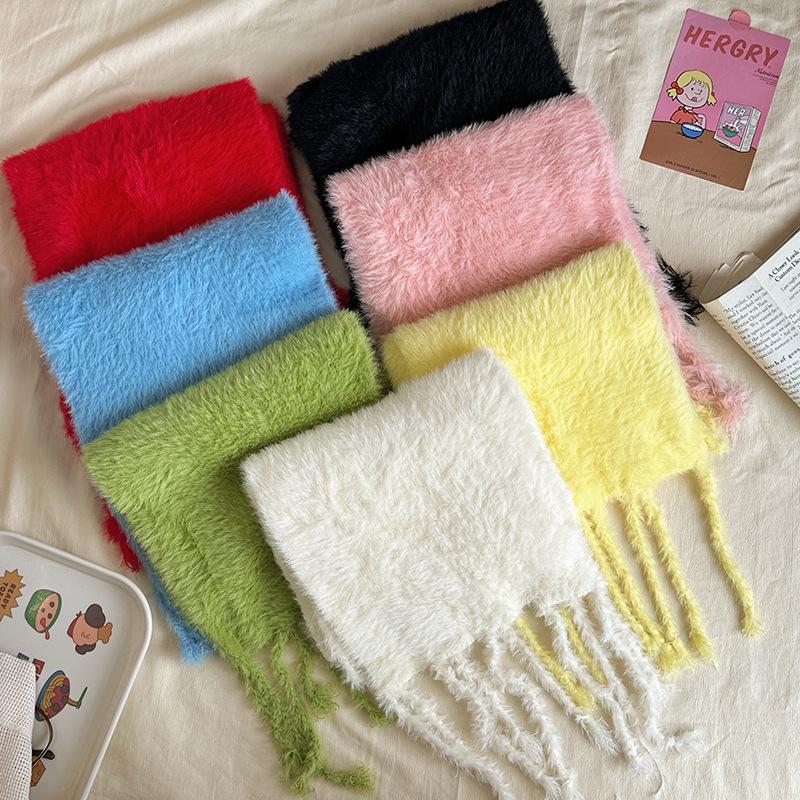 Luochi Knitting~Candy Color Plush Scarf: Soft, Skin-Friendly, Warm Tassels & Braids, Versatile Winter Neck Warmer for Women.