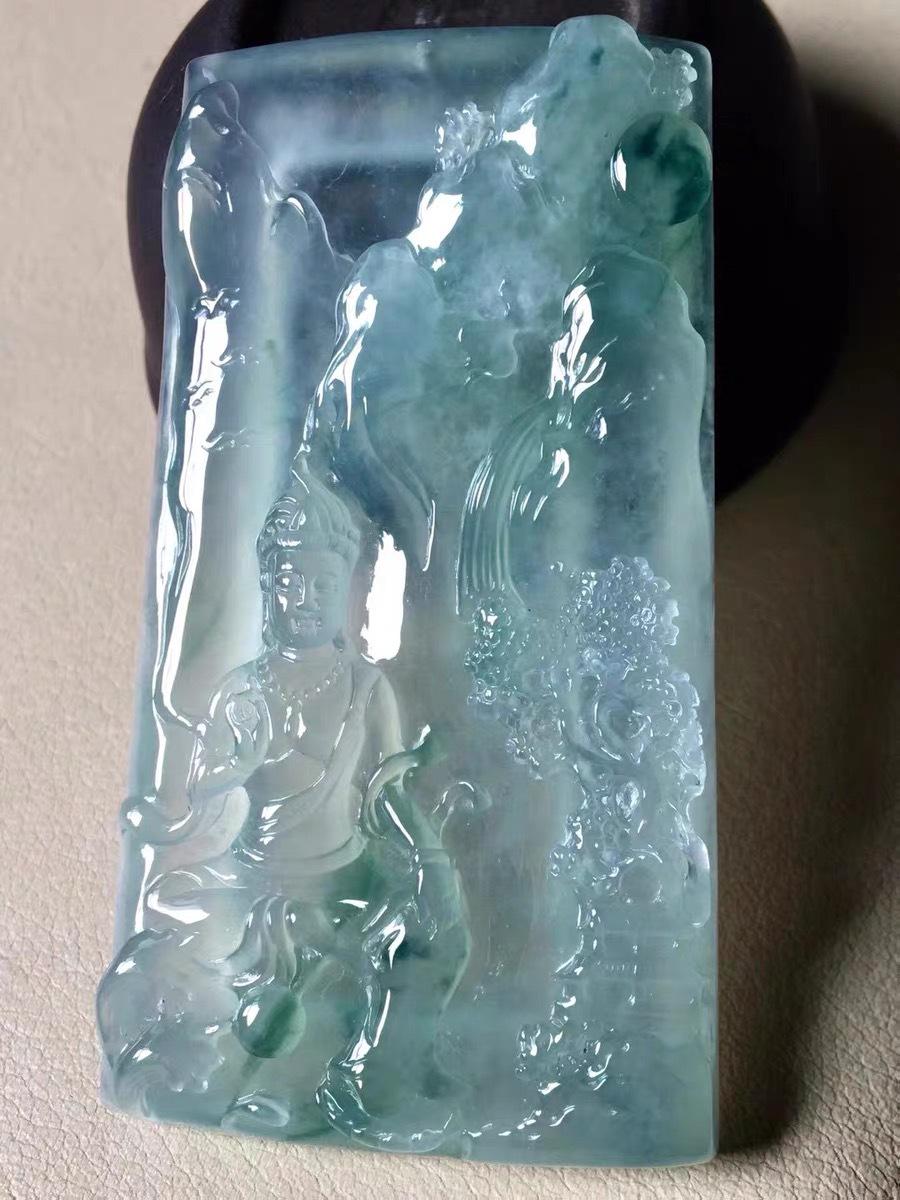Myanmar Jadeite Guanyin Pendant - Ice-Kind, Old Pit Floating Flower Green Jade Carving