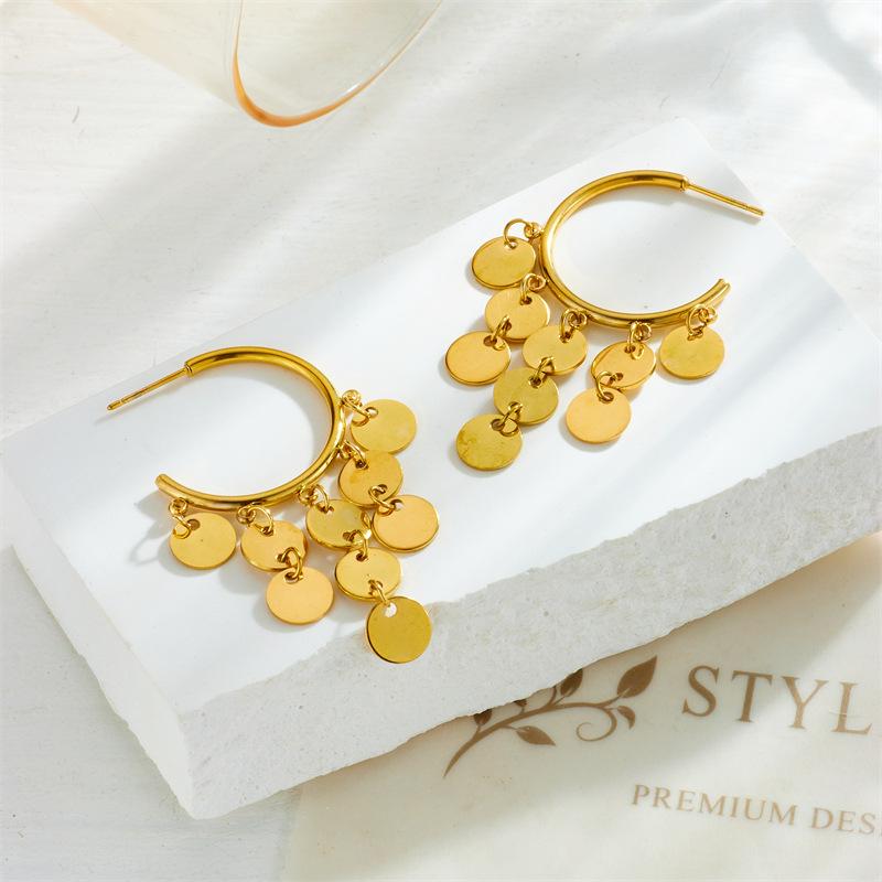 Gold Plated Hoop Earrings with Disc Tassel Charms Fashion Jewelry for Women
