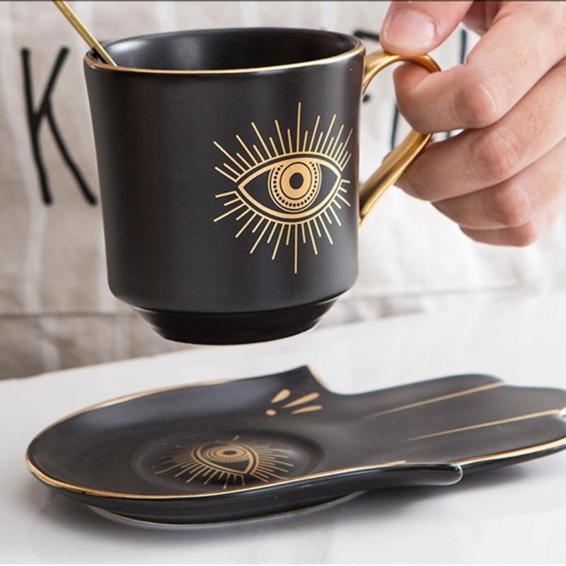 Ceramic Coffee Cup and Hand Shape Saucer Set Turkish Evils Eye Theme Mug Drinkware Gift for Safe Tea Milk Drinking