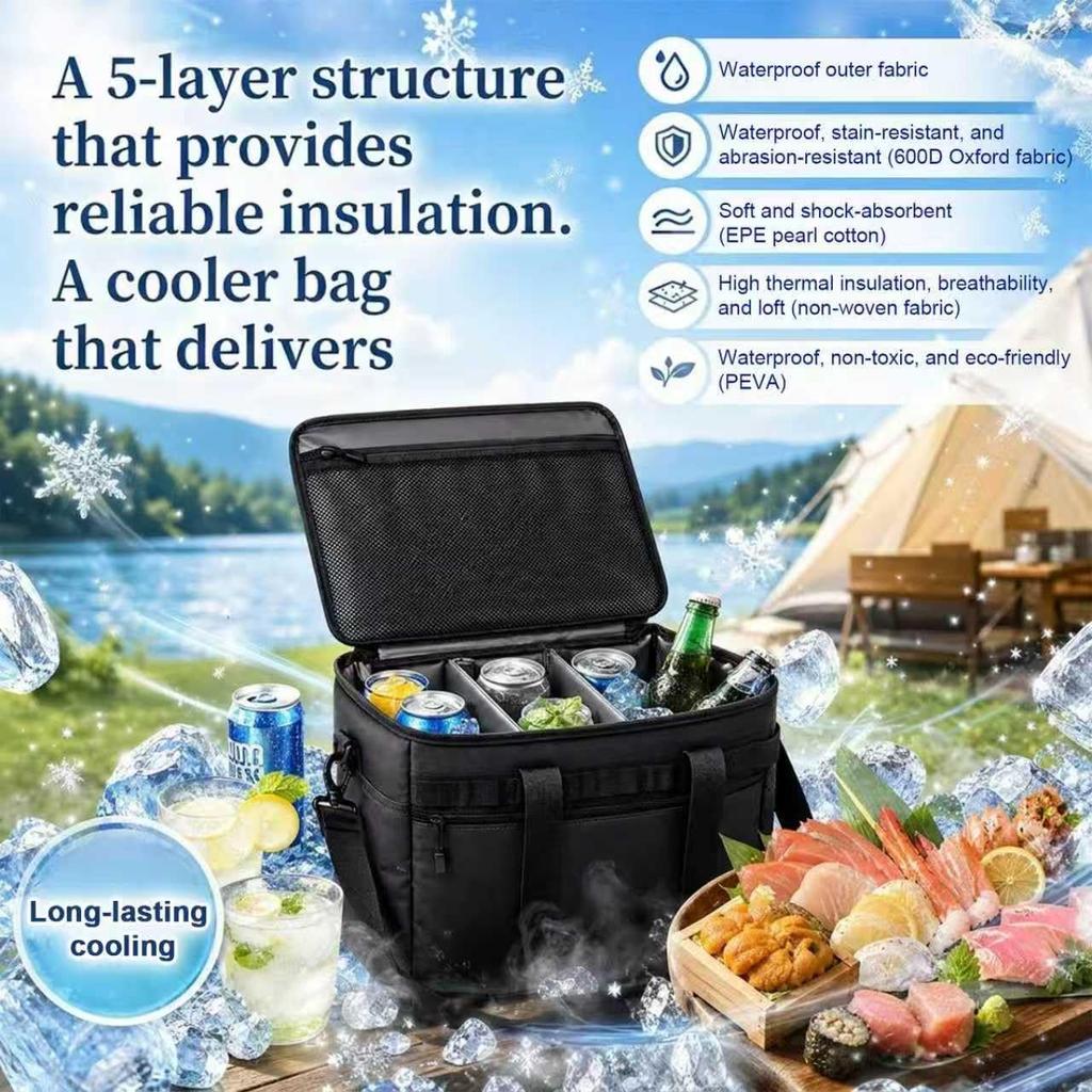 Large Capacity Foldable Cooler Keeps Food Cool or Shoulder with Black Bag, 5-Layer Construction, Insulated, Warm, Waterproof, Lightweight, Strap,