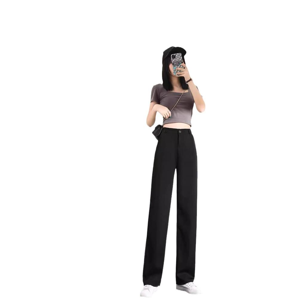 Ice Silk Black Wide-Leg High-Waist Women's Spring/Summer Pants - Slim, Loose, Casual Straight Trousers.