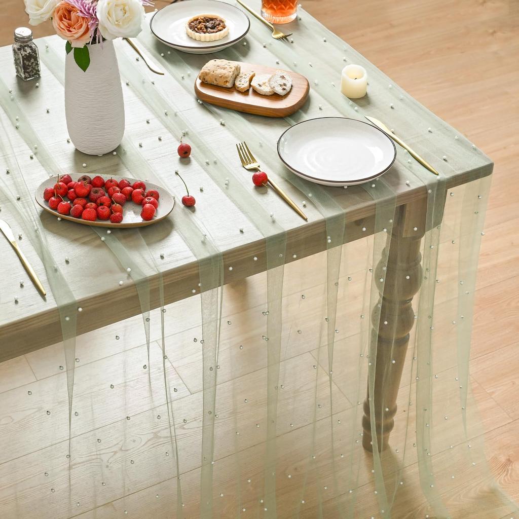 Light Green Table Runner Fabric Tulle Lace Tablecloth Rectangular Table Cover Bridal Veil for Christmas Wedding Birthday Party