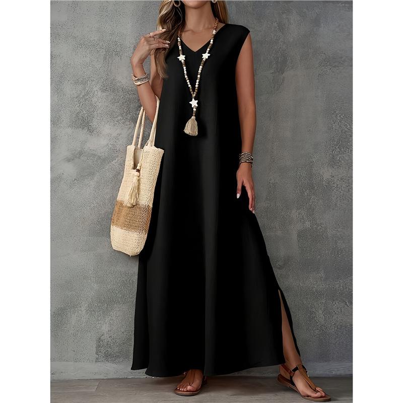 2025 Summer Sleeveless V-neck Maxi Dress - European & American Style, Elegant Long Dress with Side Slit for Women