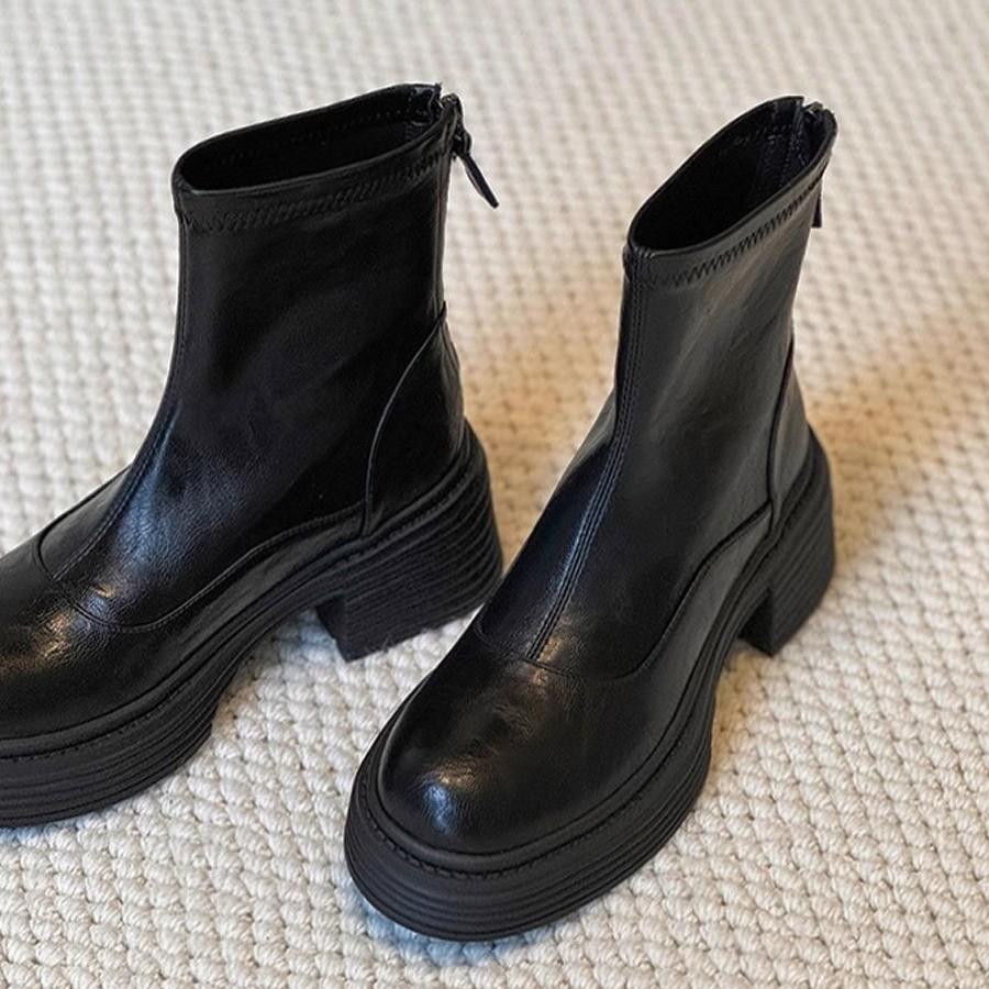 Cowhide Edition~ Platform Short Boots Women's 2025 Autumn and Winter New Versatile High Heel Chelsea Martin Boots Thick Heel Skinny Boots