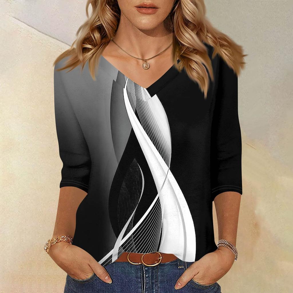 Women's Fashion Casual Three-quarter Sleeve Gradient Printed Round Neck Top