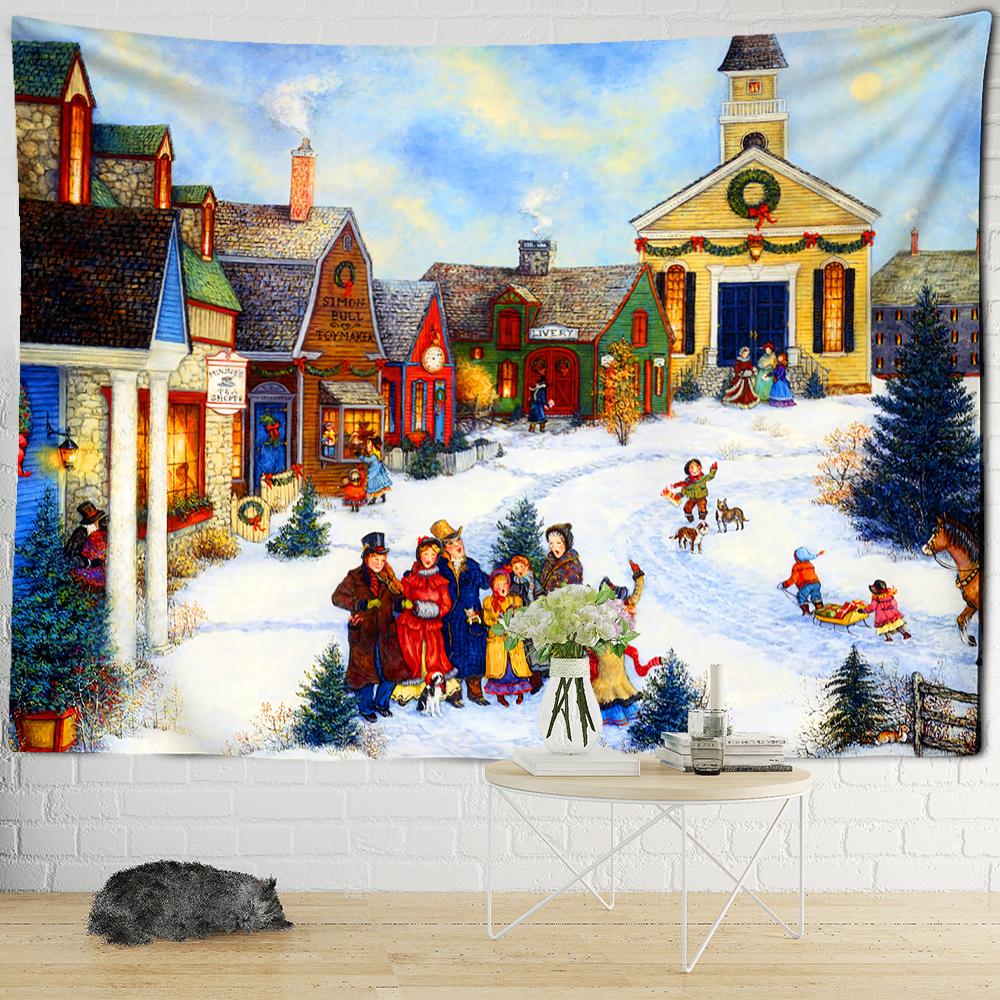 Christmas Snowy Night Travel Map Tapestry Wall Hanging Psychedelic Forest House Illustration Home Living Room Decor