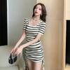 2025 French Square Neck Striped Drawstring Dress - Petite Summer Hip-Hugging Skirt for Women