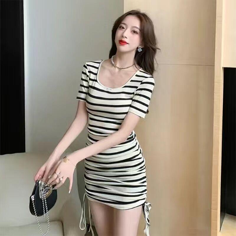 2025 French Square Neck Striped Drawstring Dress - Petite Summer Hip-Hugging Skirt for Women