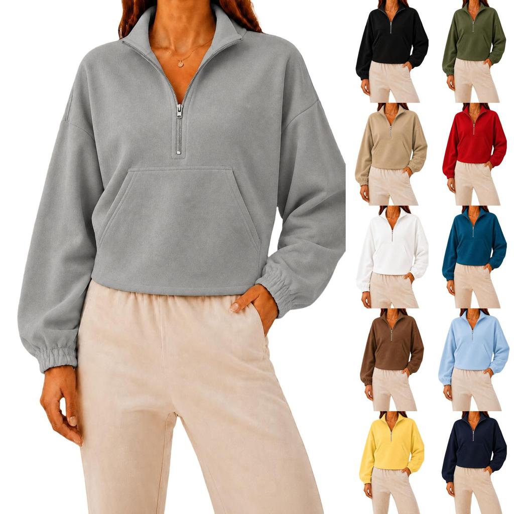 Damen Halbreißverschluss Cropped Langarm Sweatshirt mit Umlegekragen