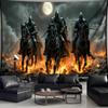 Dark Knight Tapestry, Armored Riders On Horseback In Fire and Moonlight, Gothic Fantasy Wall Art for Bedroom Living Room Decor