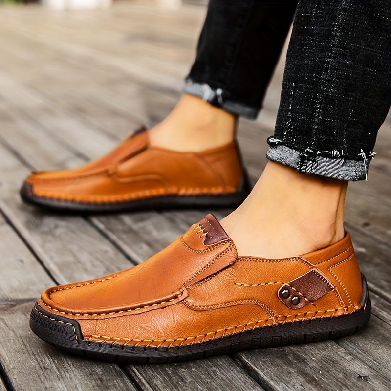 Hand-stitched Men's Outdoor Casual Shoes,Slip-on Flat Leather Shoes,Spring Breathable Plus Size Loafers