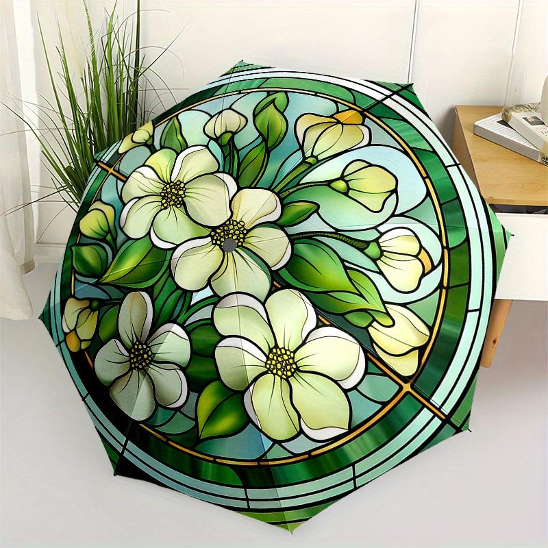 

Stained Glass Window Panel with White Flowers - Circular Design for Home Decor Umbrella, Christmas Gift Y117