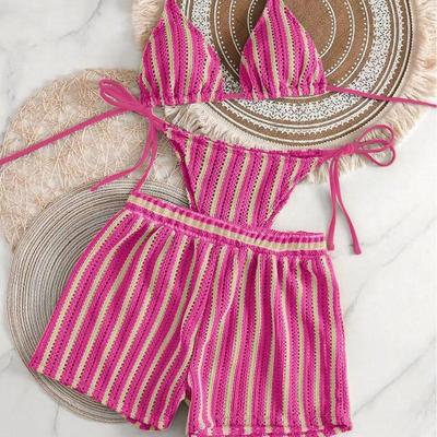 Fashion Stripes 3 In 1 Swimwear Set Lace Up Slim Fit Bikini Bathing Suit Deep-V Sleeveless Knitting Swimsuit Vacation