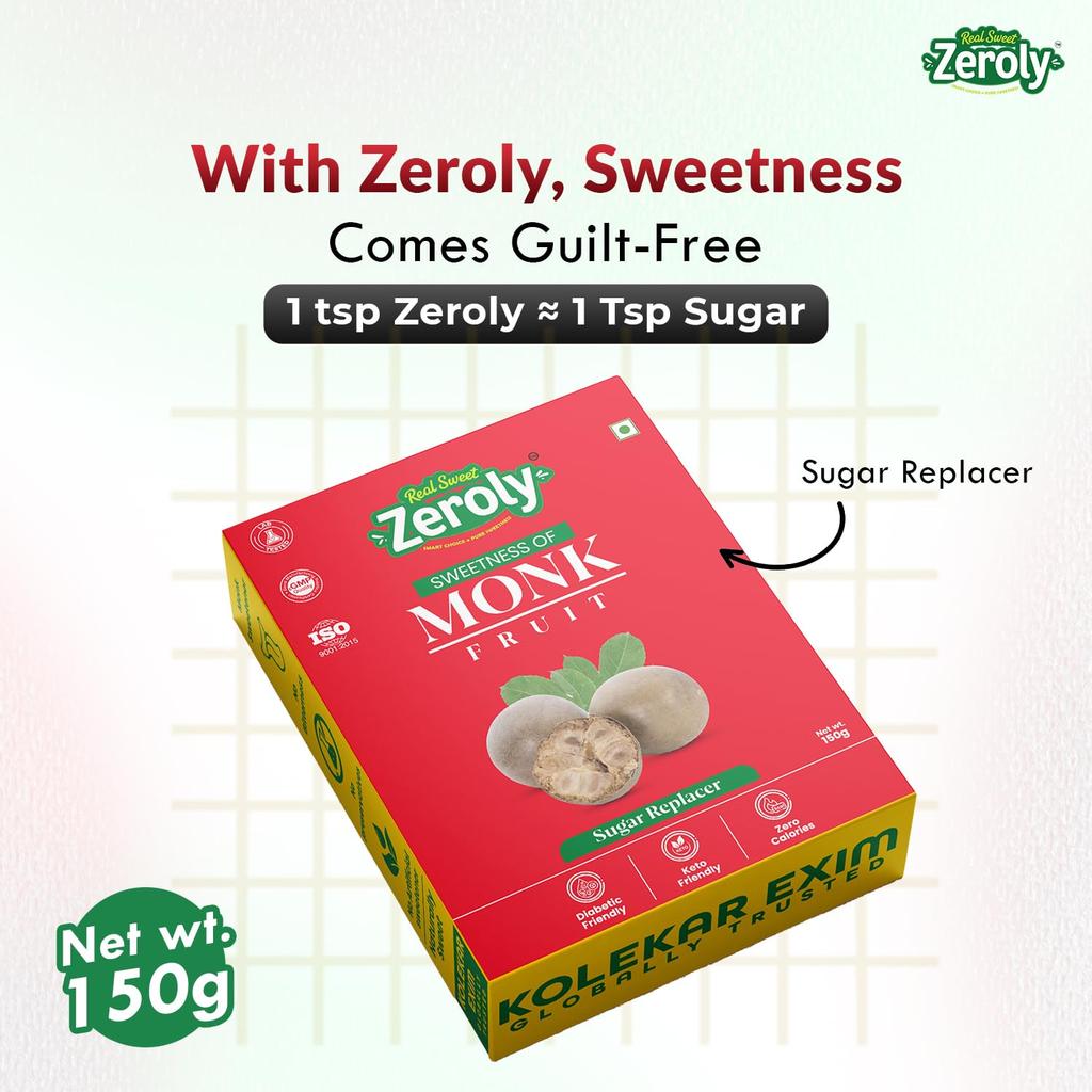 Zeroly Monk Fruit Sweetener Powder 150g | 1:1 Sugar Replacement | Sugar Free Sweetener | Diabetic Friendly | No Bitter Aftertaste | Keto Friendly |