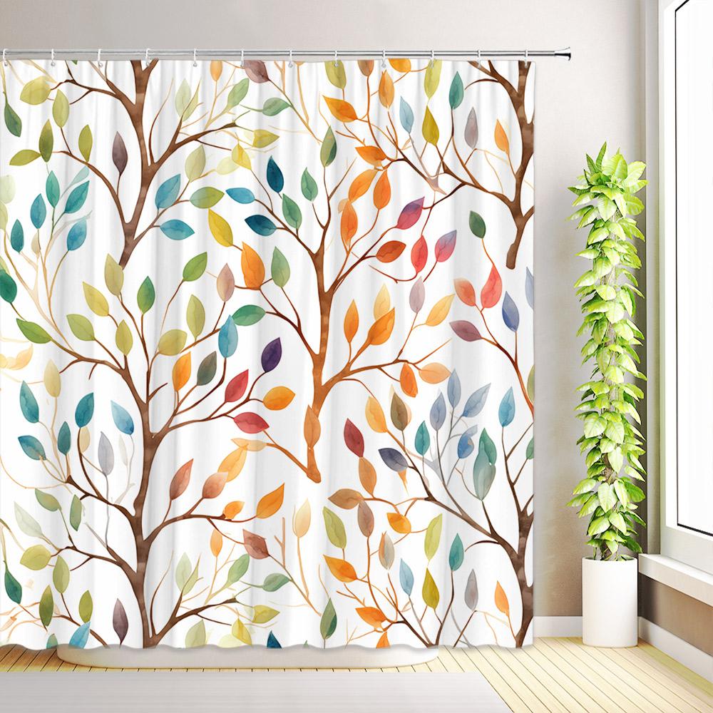 Boho Colorful Floral Shower Curtain Minimalist Abstract Art Modern Aesthetic Jungle Plant Tropical Leaf Bathroom Decor with Hook